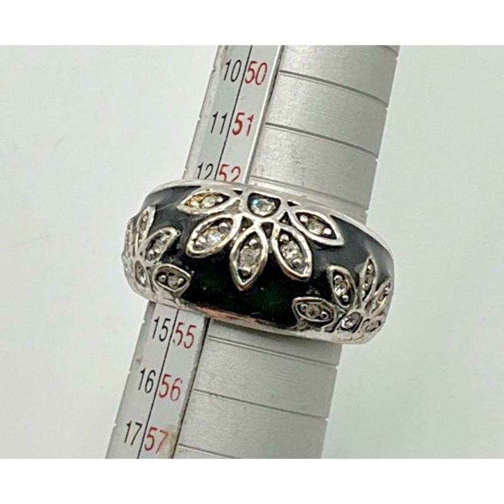 Da Vinci Silvertone Floral Ring Black Enameled Fashion Jewelry Vintage